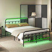 Queen Bed Frame with LED Lights and Charging Station, Metal Platform Bed Frame with Under Bed Storage, Black