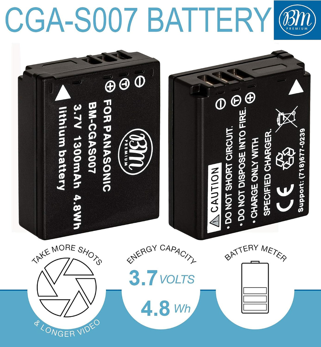 BM Premium 2-Pack of CGA-S007 Batteries and Battery Charger for Panasonic DMC-TZ1, DMC-TZ2, DMC-TZ3, DMC-TZ4, DMC-TZ5, DMC-TZ11, DMC-TZ15, DMC-TZ50 Digital Camera