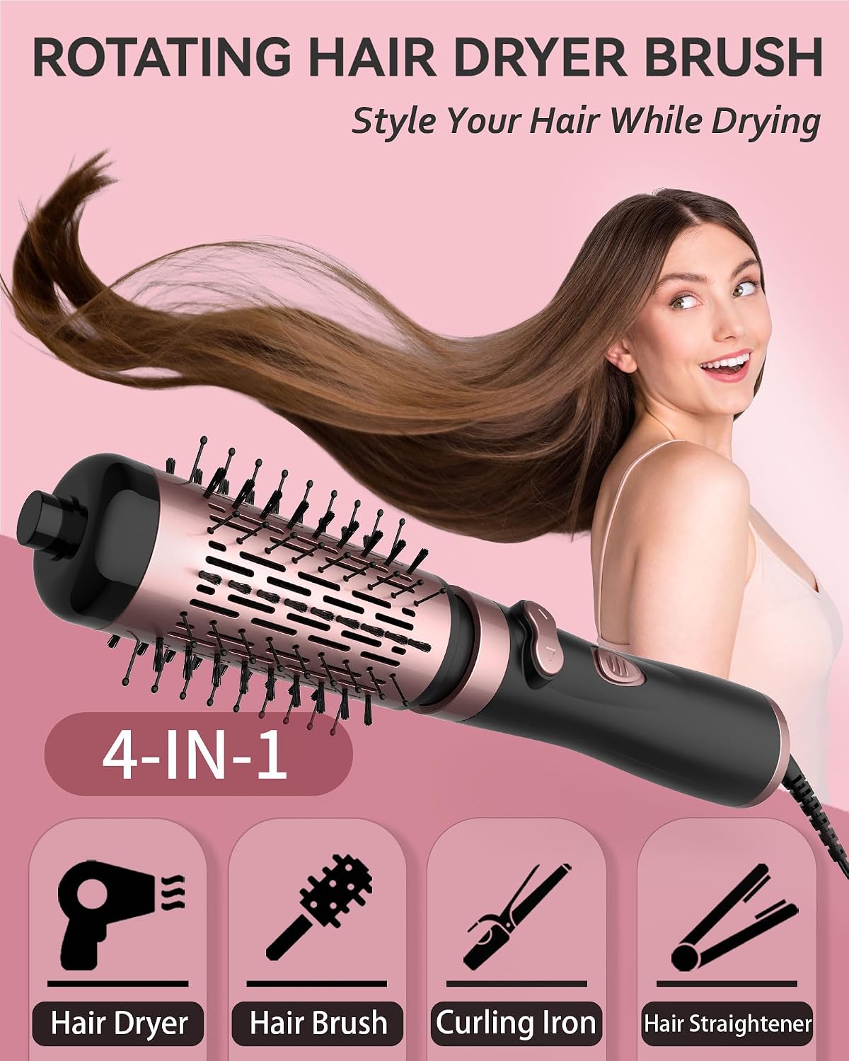 Rotating Hair Dryer Brush, 3-in-1 Hot Air Styler and Rotating Brush, Rotating Blow Dryer Brush with 2 Detachable Brushes(1.5