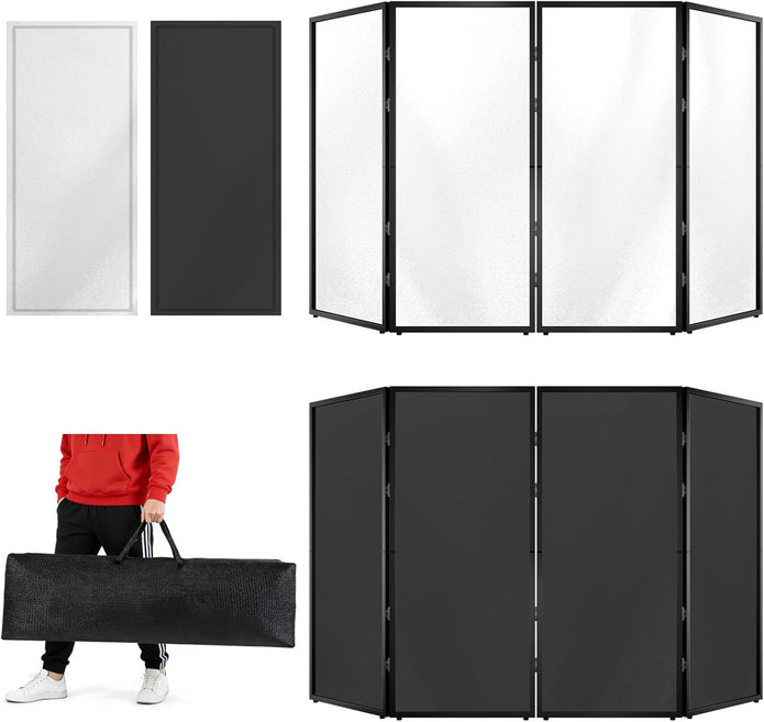 Portable DJ Facade Booth with Foldable Cover Screen, Black Steel Frame & 4 Detachable Panels, Includes White/Black Projector Display Scrims, 48"x42" DJ Table Stand for Events, Parties, Shows