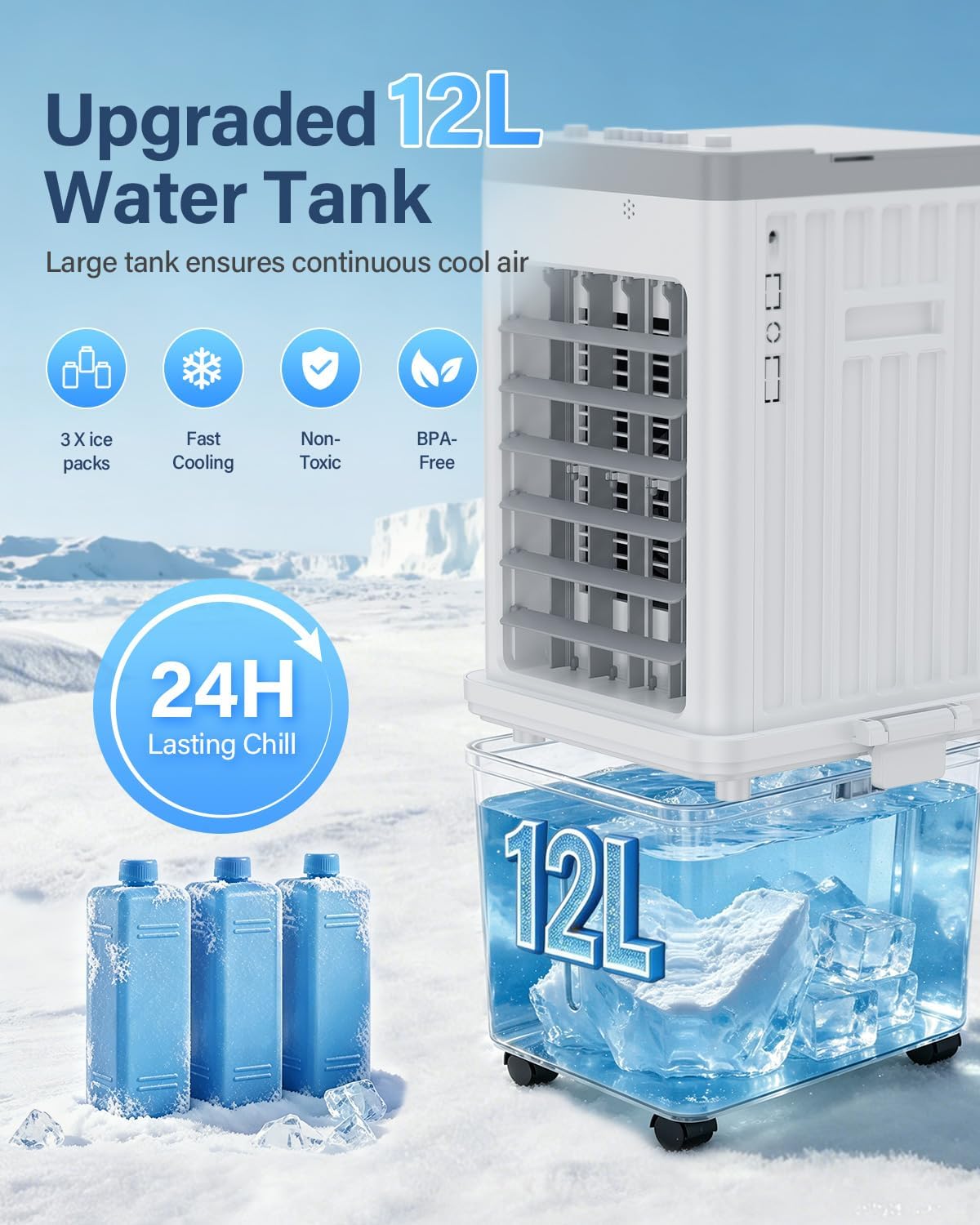 NEW/ OPEN BOX Mobile Evaporative Cooling Unit with 12L Water Tank, Quiet 35dB Air Cooler, 120° Auto Swing 3-Speed 70W Energy Saving Fan