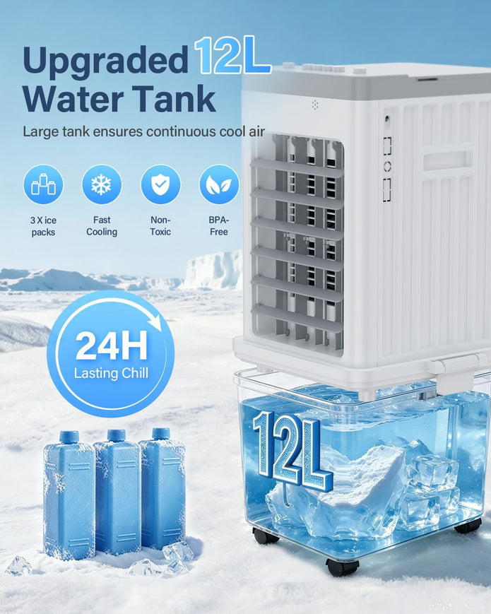 NEW/ OPEN BOX Mobile Evaporative Cooling Unit with 12L Water Tank, Quiet 35dB Air Cooler, 120° Auto Swing 3-Speed 70W Energy Saving Fan