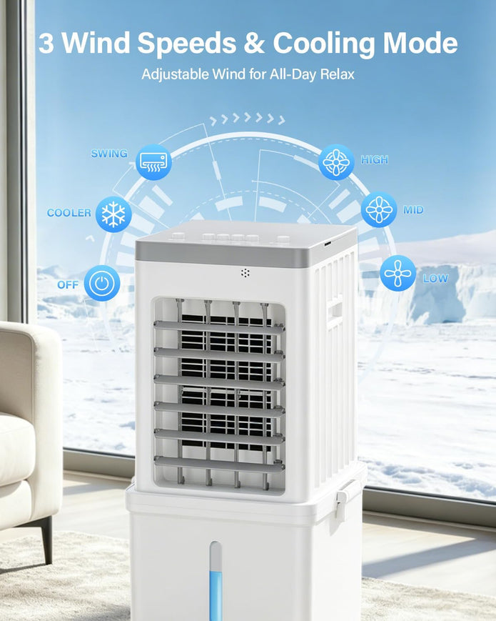 NEW/ OPEN BOX Mobile Evaporative Cooling Unit with 12L Water Tank, Quiet 35dB Air Cooler, 120° Auto Swing 3-Speed 70W Energy Saving Fan