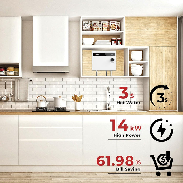 DEMO CAMPLUX Tankless Water Heater Electric 14kW 240 Volt, On Demand Instant Hot Water Heater with Self-Modulating Save Energy, Save Sapce, ETL Certificated, White
