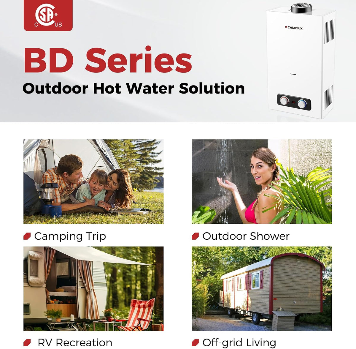 Camplux 10L Outdoor Portable Gas Water Heater, Tankless Propane Water Heater with Overheating Protection, Instant Propane Hot Water Heater for RV, Camping, Cabins, Barns, White