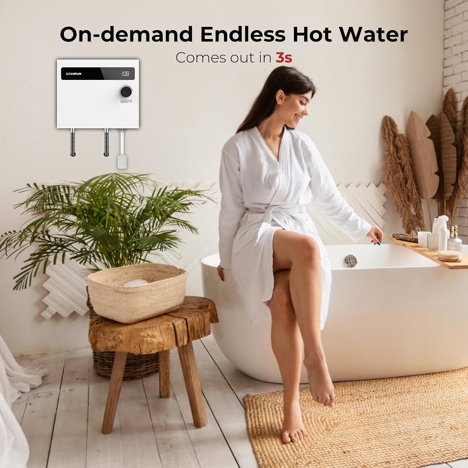 DEMO CAMPLUX Tankless Water Heater Electric 14kW 240 Volt, On Demand Instant Hot Water Heater with Self-Modulating Save Energy, Save Sapce, ETL Certificated, White