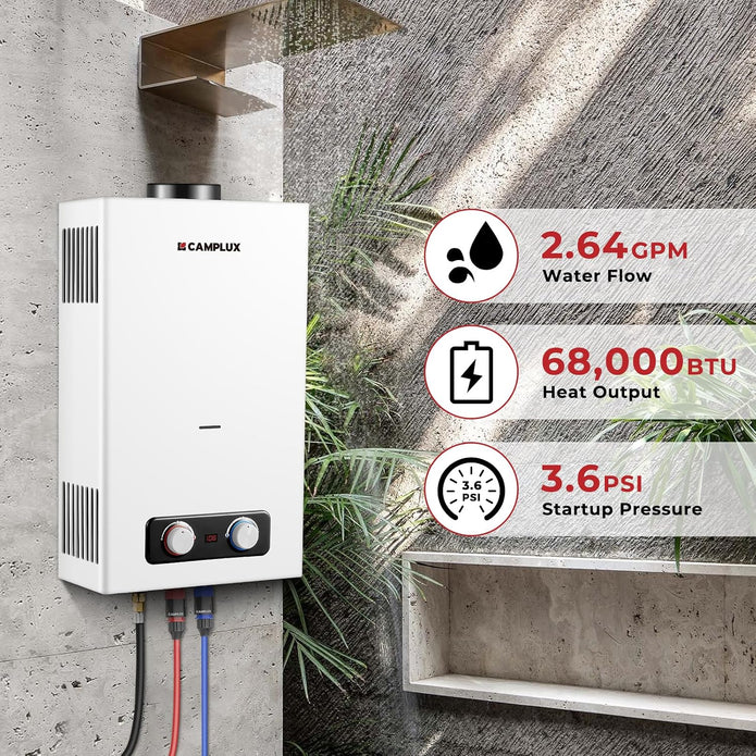 Camplux 10L Outdoor Portable Gas Water Heater, Tankless Propane Water Heater with Overheating Protection, Instant Propane Hot Water Heater for RV, Camping, Cabins, Barns, White