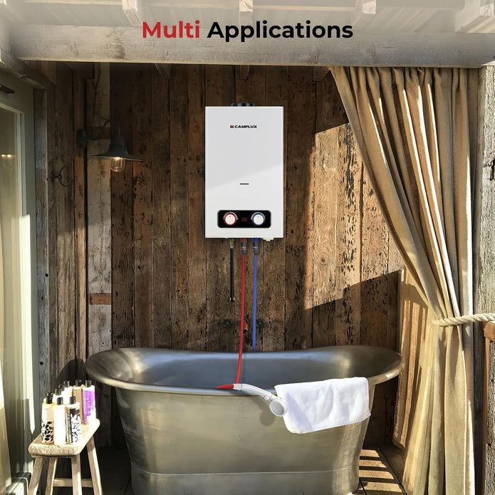 Camplux 10L Outdoor Portable Gas Water Heater, Tankless Propane Water Heater with Overheating Protection, Instant Propane Hot Water Heater for RV, Camping, Cabins, Barns, White