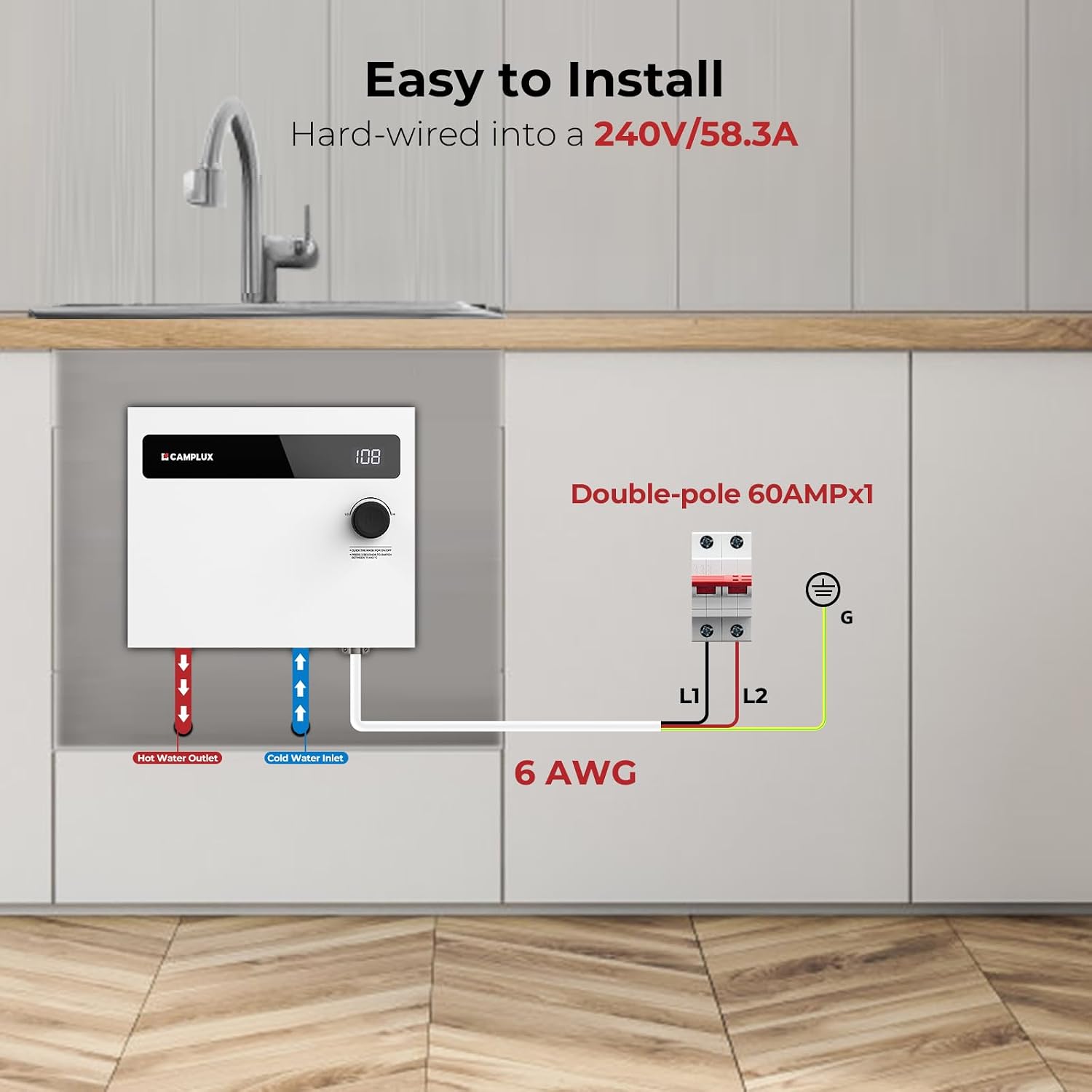 DEMO CAMPLUX Tankless Water Heater Electric 14kW 240 Volt, On Demand Instant Hot Water Heater with Self-Modulating Save Energy, Save Sapce, ETL Certificated, White