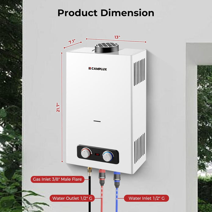 Camplux 10L Outdoor Portable Gas Water Heater, Tankless Propane Water Heater with Overheating Protection, Instant Propane Hot Water Heater for RV, Camping, Cabins, Barns, White