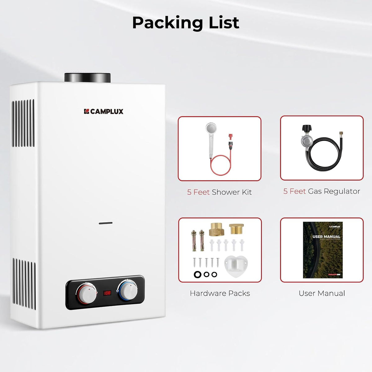 Camplux 10L Outdoor Portable Gas Water Heater, Tankless Propane Water Heater with Overheating Protection, Instant Propane Hot Water Heater for RV, Camping, Cabins, Barns, White