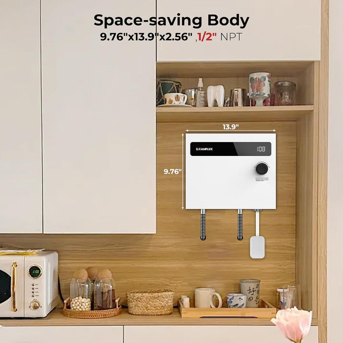 DEMO CAMPLUX Tankless Water Heater Electric 14kW 240 Volt, On Demand Instant Hot Water Heater with Self-Modulating Save Energy, Save Sapce, ETL Certificated, White