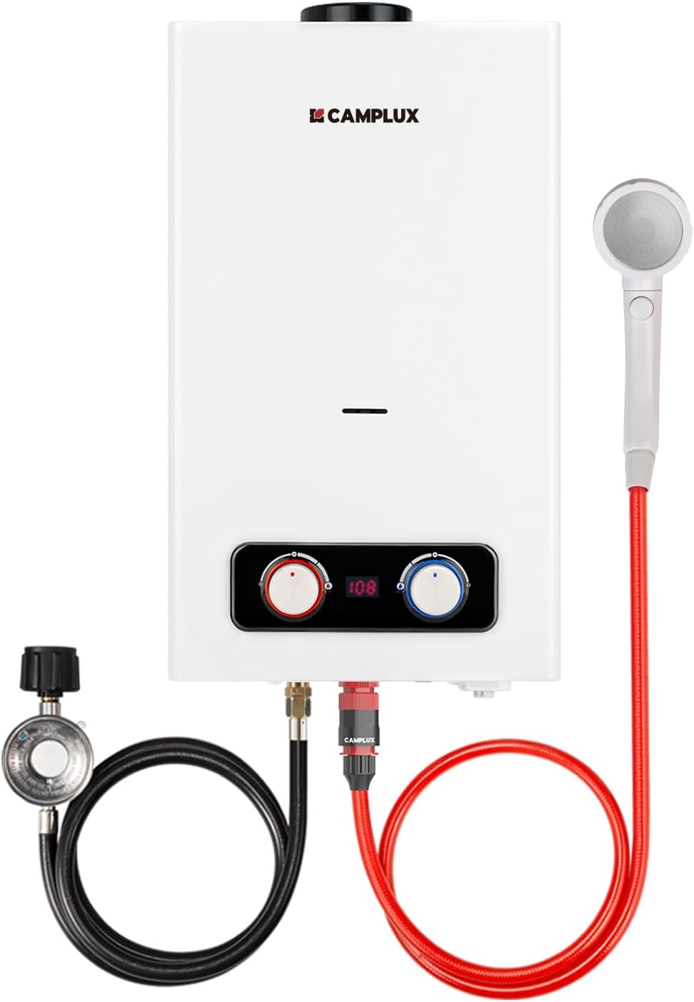 Camplux 10L Outdoor Portable Gas Water Heater, Tankless Propane Water Heater with Overheating Protection, Instant Propane Hot Water Heater for RV, Camping, Cabins, Barns, White