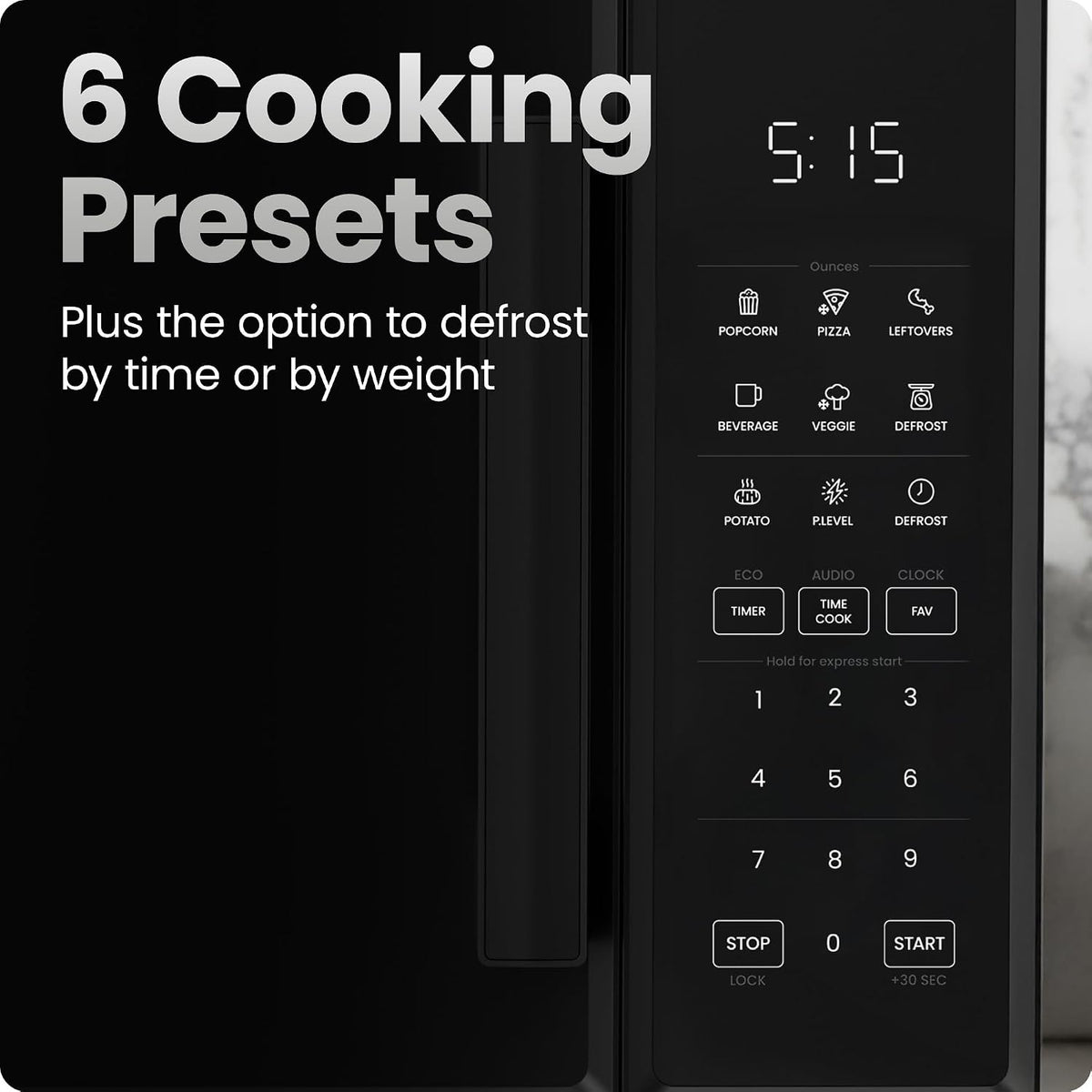 Chefman Countertop Microwave Oven 0.9 Cu. Ft., 900 Watts with 10 Power Levels, 6 Cooking Presets with One-Touch Express Cook, Eco Mode, Child Safety Lock, & Mute Button - Black