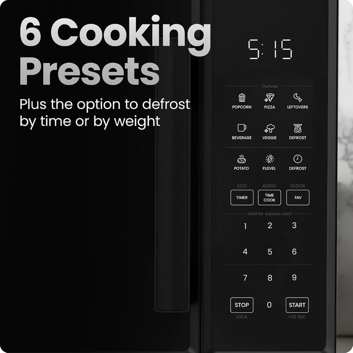 Chefman Countertop Microwave Oven 0.9 Cu. Ft., 900 Watts with 10 Power Levels, 6 Cooking Presets with One-Touch Express Cook, Eco Mode, Child Safety Lock, & Mute Button - Black