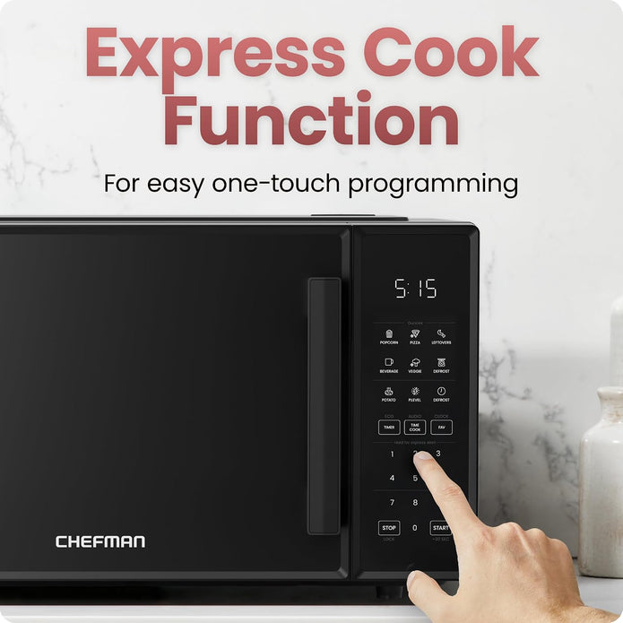 Chefman Countertop Microwave Oven 0.9 Cu. Ft., 900 Watts with 10 Power Levels, 6 Cooking Presets with One-Touch Express Cook, Eco Mode, Child Safety Lock, & Mute Button - Black