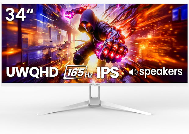 CRUA 34" WQHD 165Hz IPS Ultrawide Gaming Monitor, FreeSync, HDMI/DP, White
