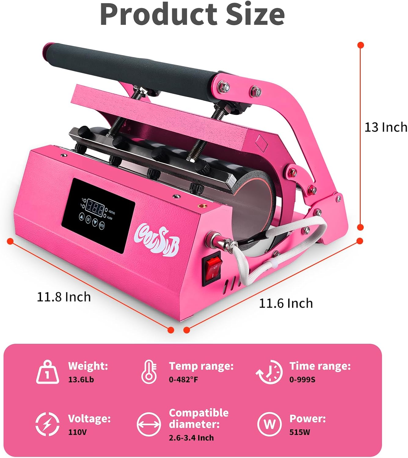 Tumbler Heat Press Machine, Mug Press Machine for 30oz 20oz, Sublimation Blank Skinny Tumbler Glass Jar Can 11-16oz Mugs, Heat Transfer Print for Sublimation Tumblers, Cups, Mugs Hot Pink