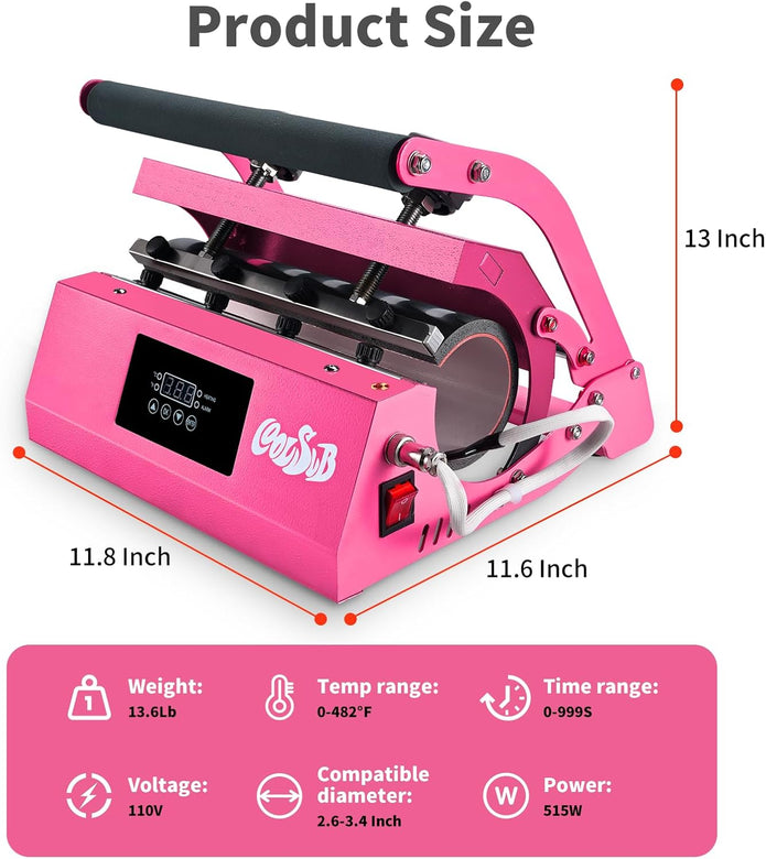 Tumbler Heat Press Machine, Mug Press Machine for 30oz 20oz, Sublimation Blank Skinny Tumbler Glass Jar Can 11-16oz Mugs, Heat Transfer Print for Sublimation Tumblers, Cups, Mugs Hot Pink