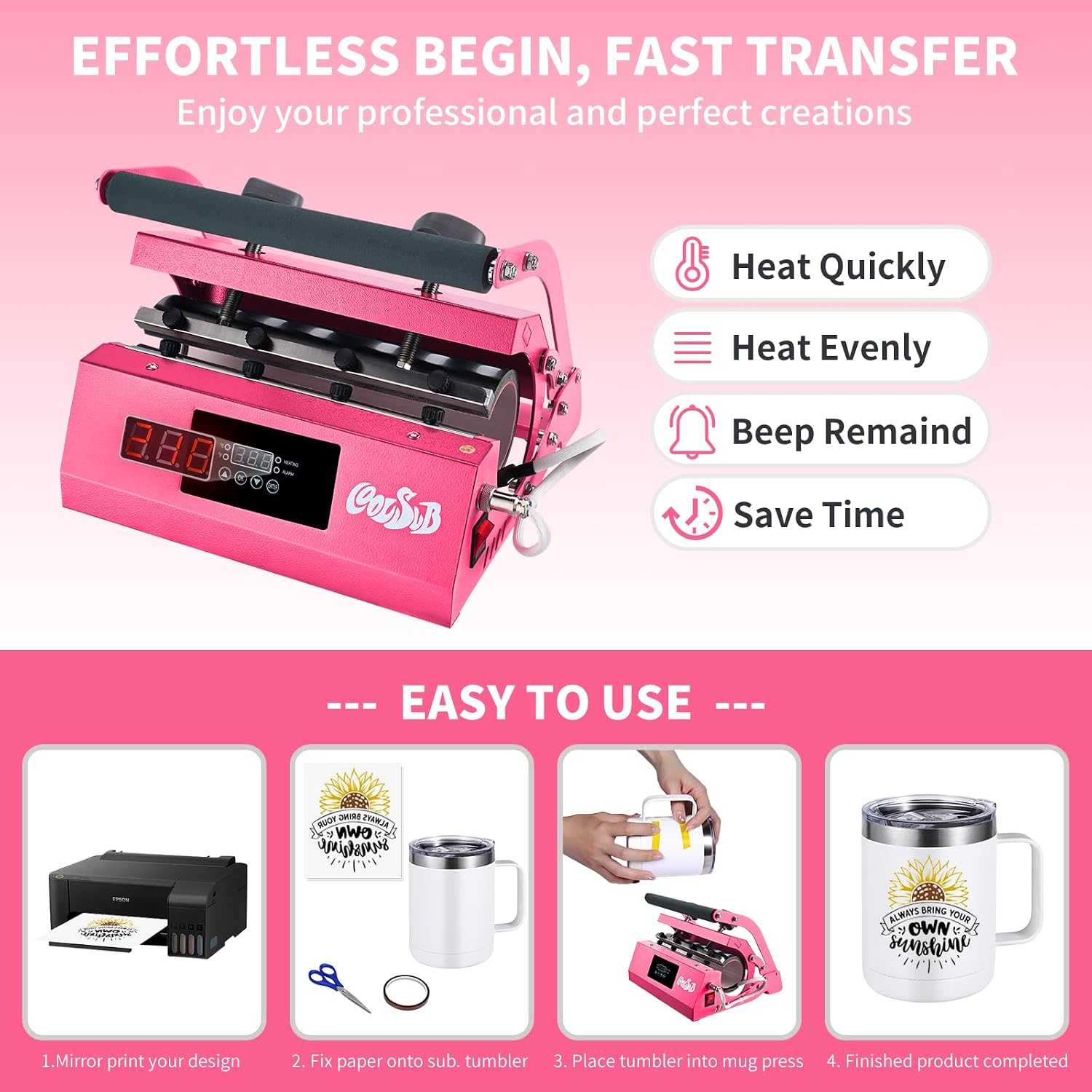 Tumbler Heat Press Machine, Mug Press Machine for 30oz 20oz, Sublimation Blank Skinny Tumbler Glass Jar Can 11-16oz Mugs, Heat Transfer Print for Sublimation Tumblers, Cups, Mugs Hot Pink