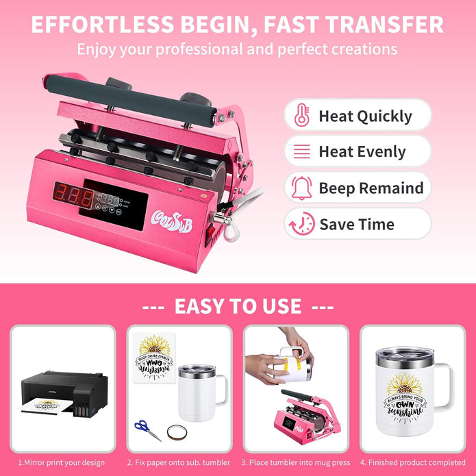 Tumbler Heat Press Machine, Mug Press Machine for 30oz 20oz, Sublimation Blank Skinny Tumbler Glass Jar Can 11-16oz Mugs, Heat Transfer Print for Sublimation Tumblers, Cups, Mugs Hot Pink