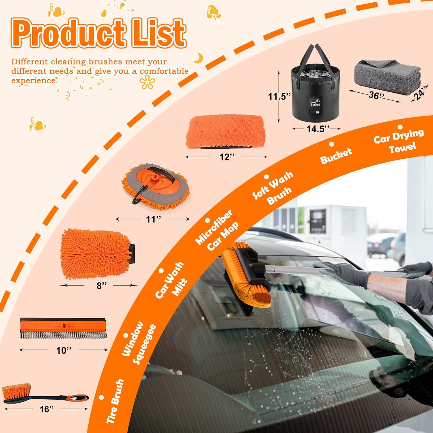 12FT Car Wash Brush with Long Handle, Car Cleaning Kit with Soft Bristle Wash Brush, Microfiber Cleaning Mop, Window Squeegee, Mitt, Wheel Brush, Bucket, Drying Towel for RV, Truck, Boat