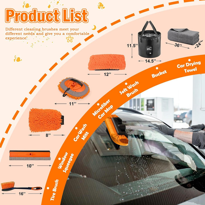 12FT Car Wash Brush with Long Handle, Car Cleaning Kit with Soft Bristle Wash Brush, Microfiber Cleaning Mop, Window Squeegee, Mitt, Wheel Brush, Bucket, Drying Towel for RV, Truck, Boat
