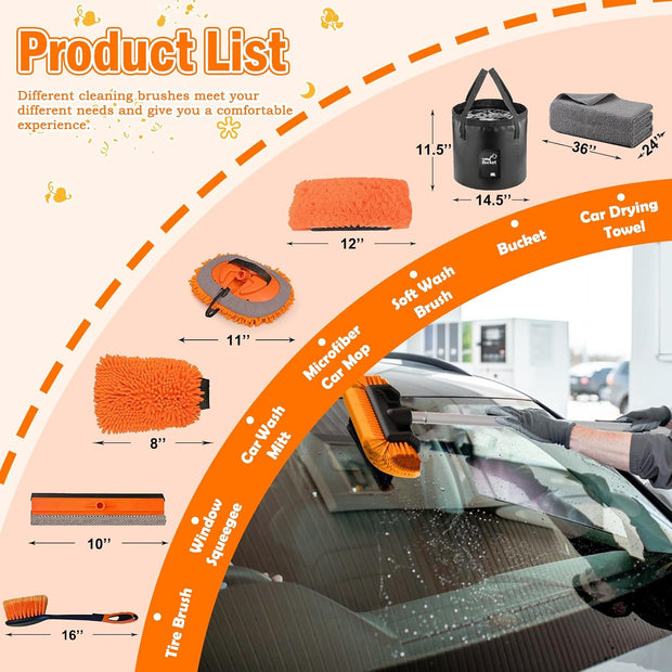 12FT Car Wash Brush with Long Handle, Car Cleaning Kit with Soft Bristle Wash Brush, Microfiber Cleaning Mop, Window Squeegee, Mitt, Wheel Brush, Bucket, Drying Towel for RV, Truck, Boat
