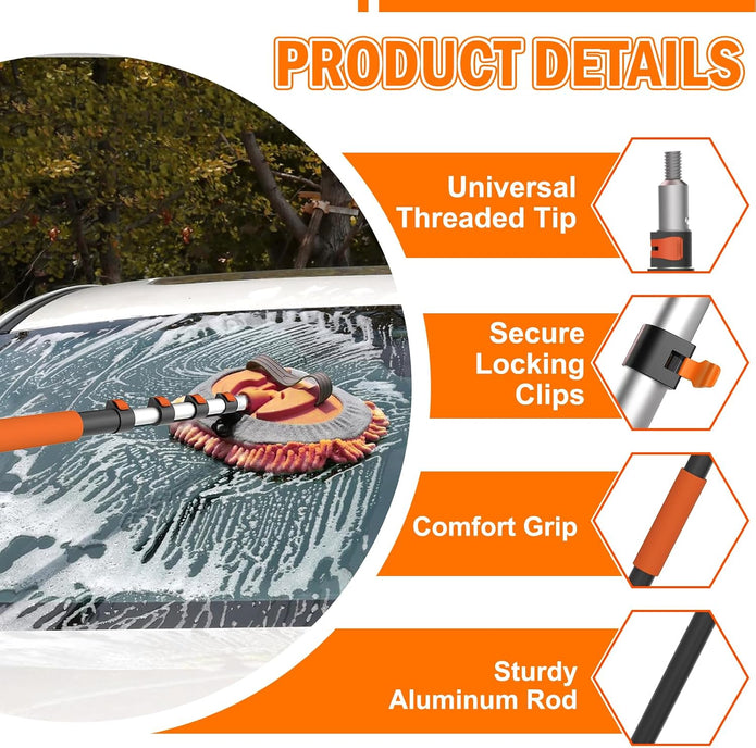12FT Car Wash Brush with Long Handle, Car Cleaning Kit with Soft Bristle Wash Brush, Microfiber Cleaning Mop, Window Squeegee, Mitt, Wheel Brush, Bucket, Drying Towel for RV, Truck, Boat
