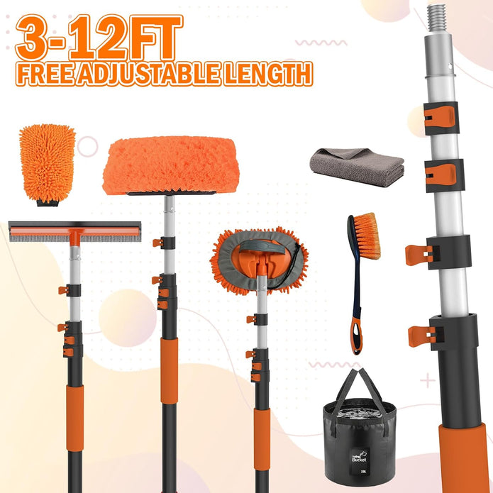 12FT Car Wash Brush with Long Handle, Car Cleaning Kit with Soft Bristle Wash Brush, Microfiber Cleaning Mop, Window Squeegee, Mitt, Wheel Brush, Bucket, Drying Towel for RV, Truck, Boat