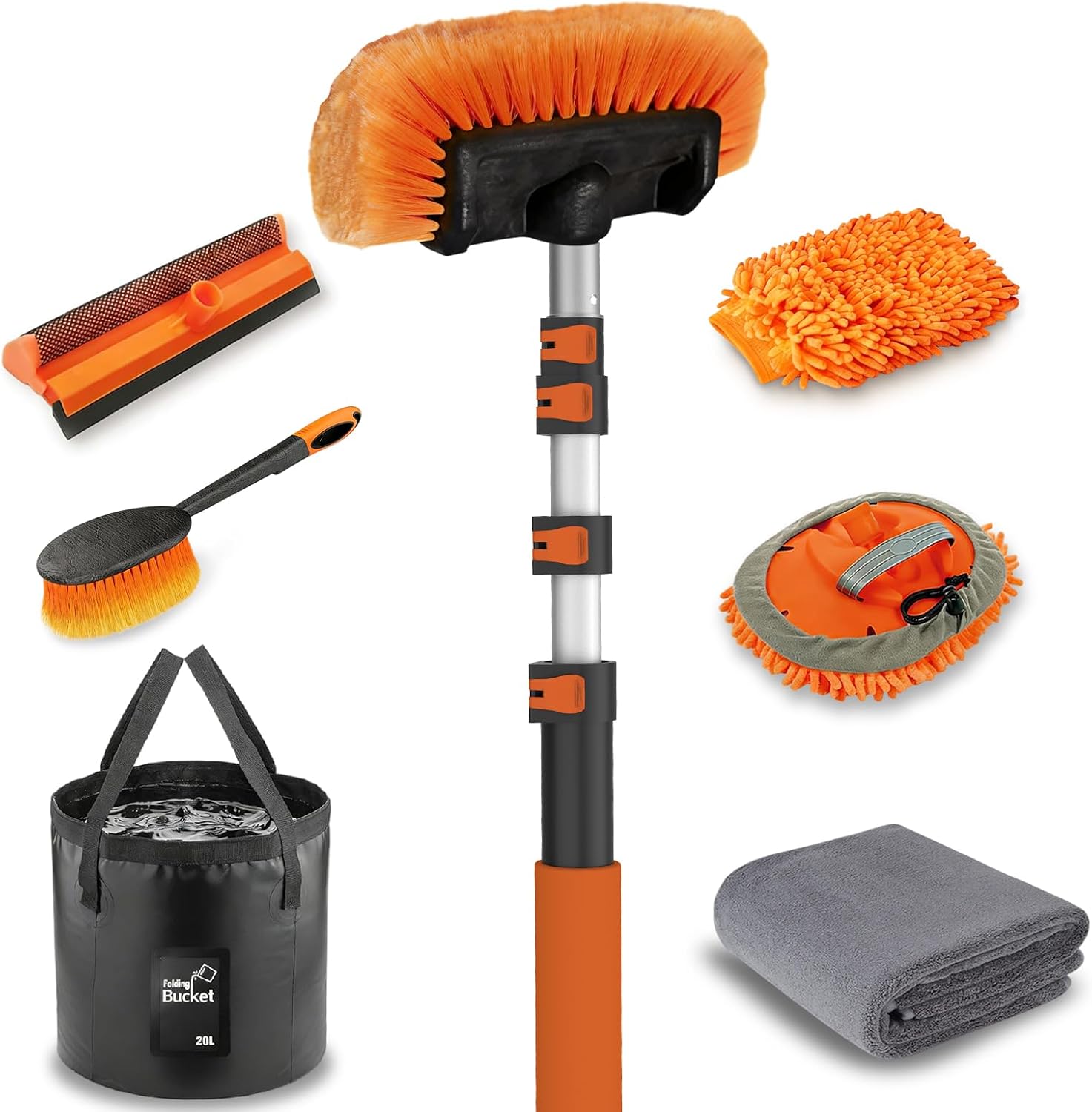 12FT Car Wash Brush with Long Handle, Car Cleaning Kit with Soft Bristle Wash Brush, Microfiber Cleaning Mop, Window Squeegee, Mitt, Wheel Brush, Bucket, Drying Towel for RV, Truck, Boat