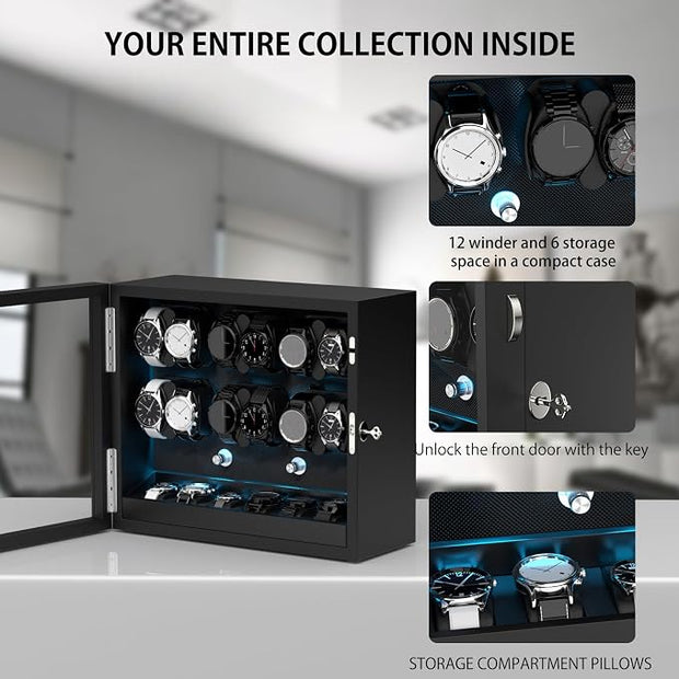 DUKWIN Watch Winder for 4/6/8/12 Automatic Watches, Lockable Automatic Winders with Extra 4/6 Watch Spaces, 4 Rotation Modes, Flexible Pillows, Quiet Motor and Blue Backlight