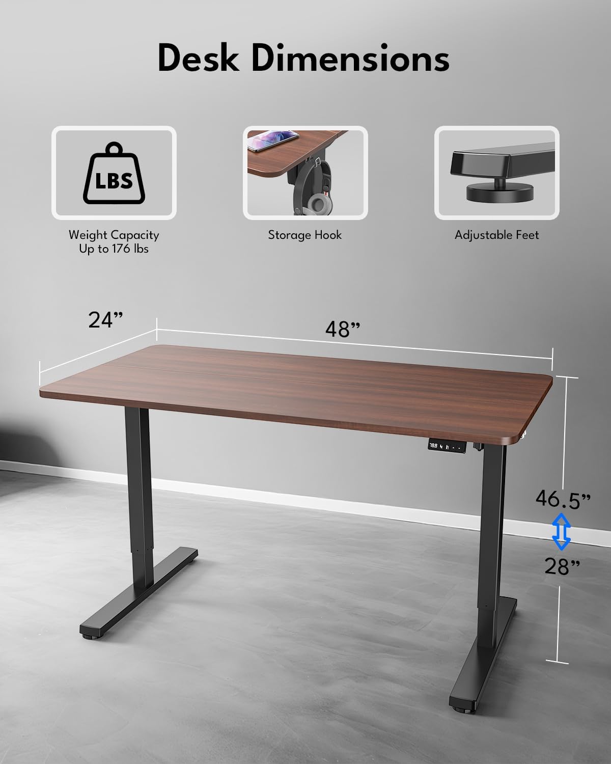 USED/LIKE NEW / Standing Desk, Height Adjustable Electric Stand up Desk, 48 x 24 Inches Sit Stand Home Office Desk with Splice Board, Walnut Top & Black Frame