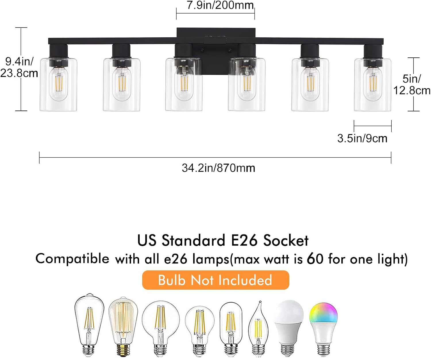 Black Bathroom Light Fixtures, 6-Light Bathroom Lighting Fixtures Over Mirror with Clear Glass Shade, 34in Farmhouse Vanity Lights, 6 Bulb Count Large Vanity Light Fixture for Bath, Mirror,Wall Sconce