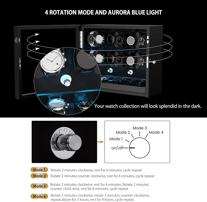 DUKWIN Watch Winder for 4/6/8/12 Automatic Watches, Lockable Automatic Winders with Extra 4/6 Watch Spaces, 4 Rotation Modes, Flexible Pillows, Quiet Motor and Blue Backlight