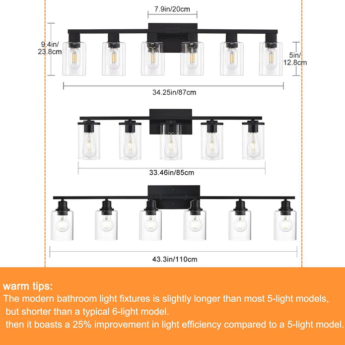 Black Bathroom Light Fixtures, 6-Light Bathroom Lighting Fixtures Over Mirror with Clear Glass Shade, 34in Farmhouse Vanity Lights, 6 Bulb Count Large Vanity Light Fixture for Bath, Mirror,Wall Sconce