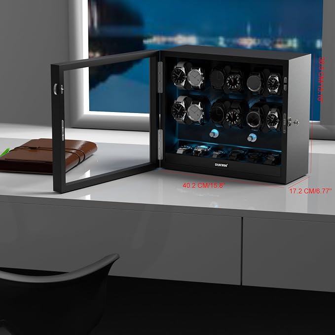 DUKWIN Watch Winder for 4/6/8/12 Automatic Watches, Lockable Automatic Winders with Extra 4/6 Watch Spaces, 4 Rotation Modes, Flexible Pillows, Quiet Motor and Blue Backlight