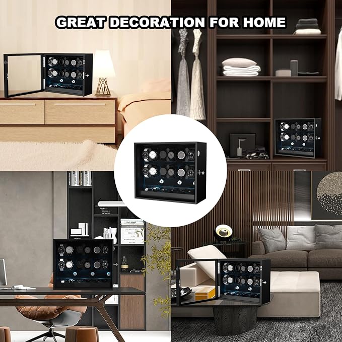 DUKWIN Watch Winder for 4/6/8/12 Automatic Watches, Lockable Automatic Winders with Extra 4/6 Watch Spaces, 4 Rotation Modes, Flexible Pillows, Quiet Motor and Blue Backlight
