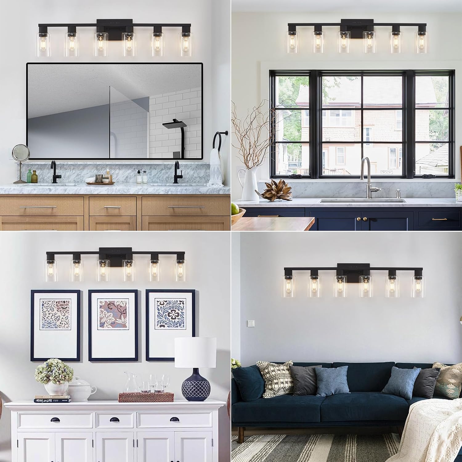 Black Bathroom Light Fixtures, 6-Light Bathroom Lighting Fixtures Over Mirror with Clear Glass Shade, 34in Farmhouse Vanity Lights, 6 Bulb Count Large Vanity Light Fixture for Bath, Mirror,Wall Sconce