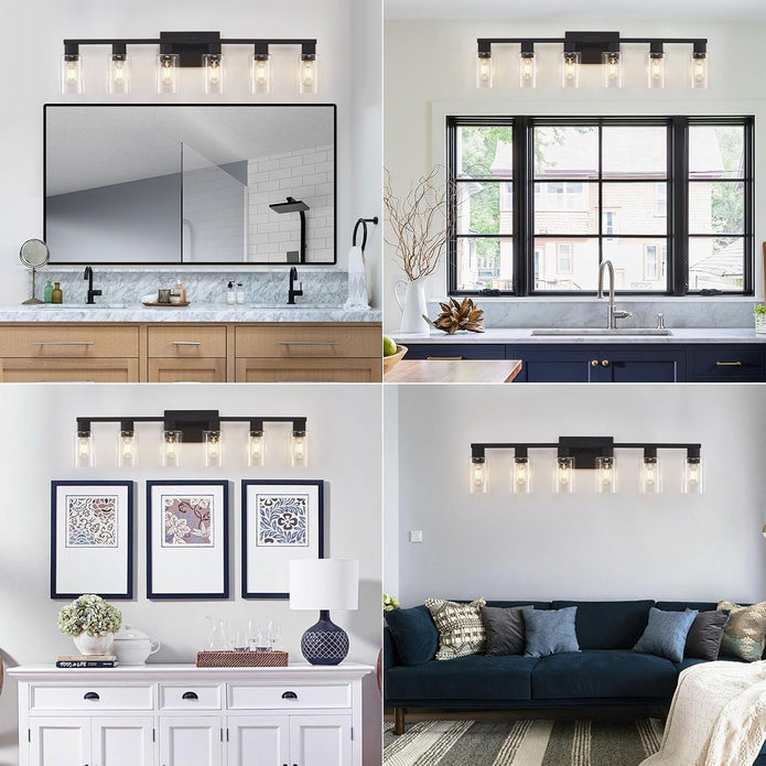 Black Bathroom Light Fixtures, 6-Light Bathroom Lighting Fixtures Over Mirror with Clear Glass Shade, 34in Farmhouse Vanity Lights, 6 Bulb Count Large Vanity Light Fixture for Bath, Mirror,Wall Sconce