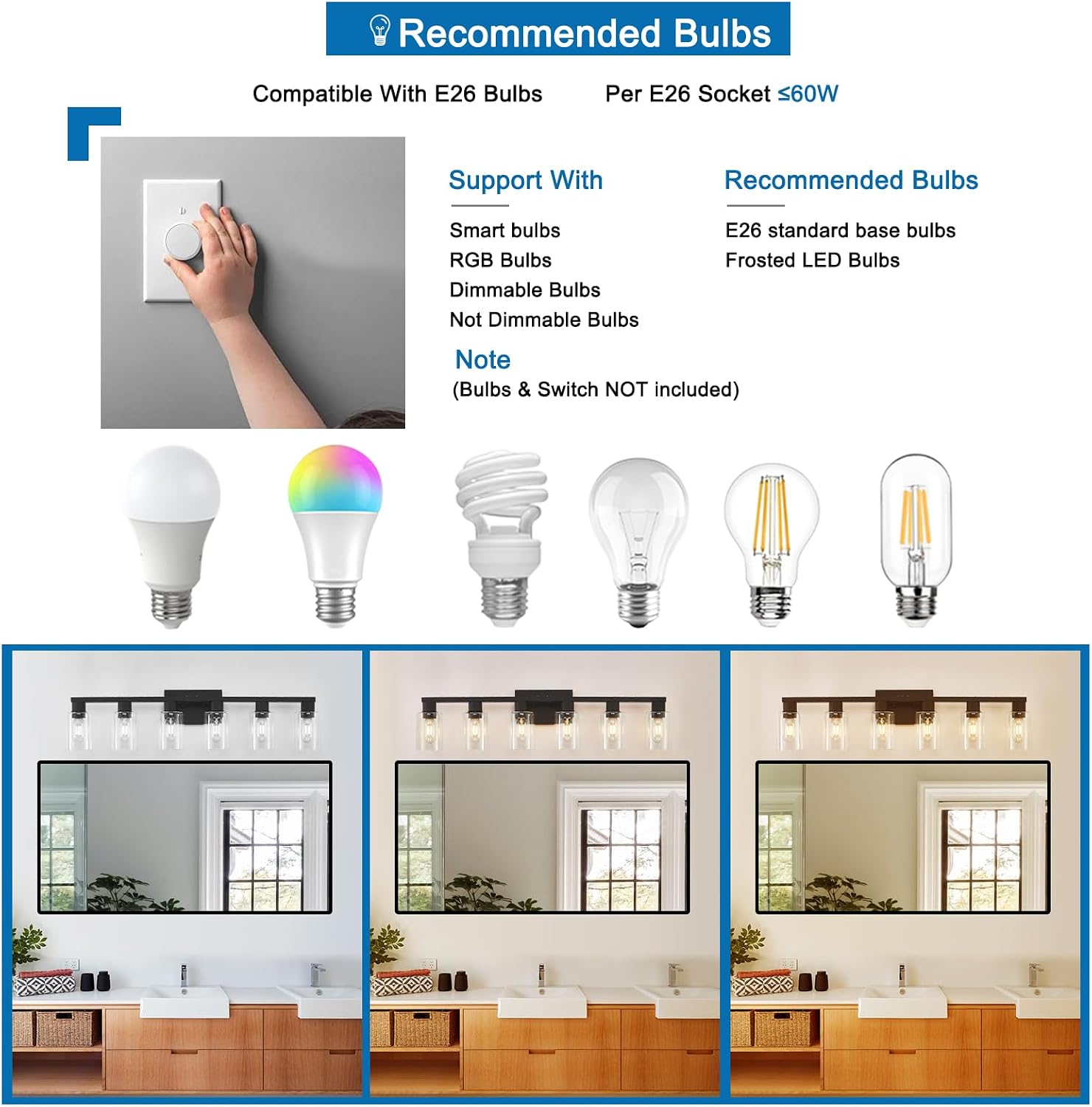 Black Bathroom Light Fixtures, 6-Light Bathroom Lighting Fixtures Over Mirror with Clear Glass Shade, 34in Farmhouse Vanity Lights, 6 Bulb Count Large Vanity Light Fixture for Bath, Mirror,Wall Sconce