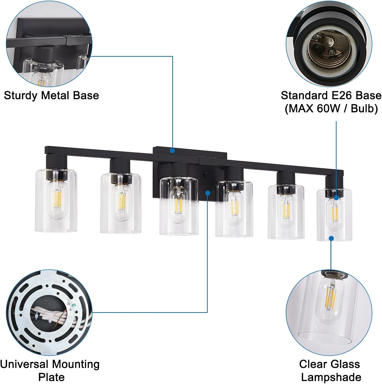 Black Bathroom Light Fixtures, 6-Light Bathroom Lighting Fixtures Over Mirror with Clear Glass Shade, 34in Farmhouse Vanity Lights, 6 Bulb Count Large Vanity Light Fixture for Bath, Mirror,Wall Sconce
