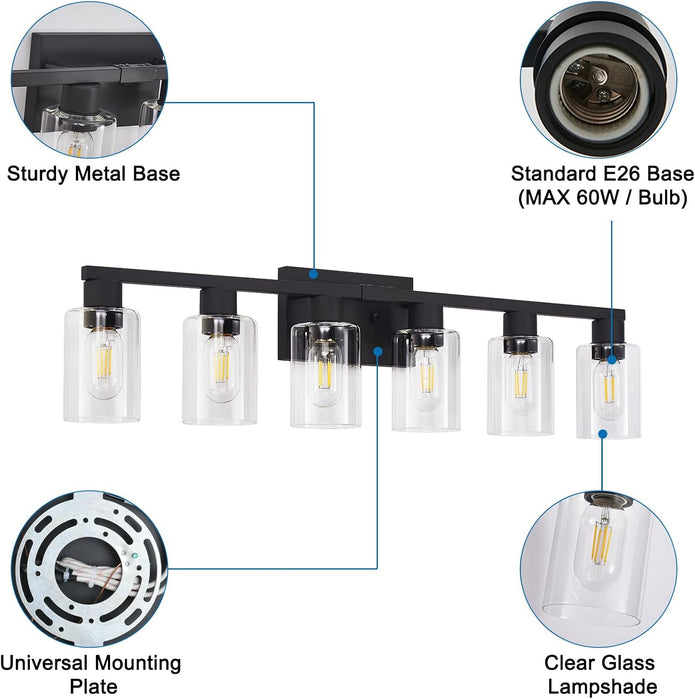 Black Bathroom Light Fixtures, 6-Light Bathroom Lighting Fixtures Over Mirror with Clear Glass Shade, 34in Farmhouse Vanity Lights, 6 Bulb Count Large Vanity Light Fixture for Bath, Mirror,Wall Sconce