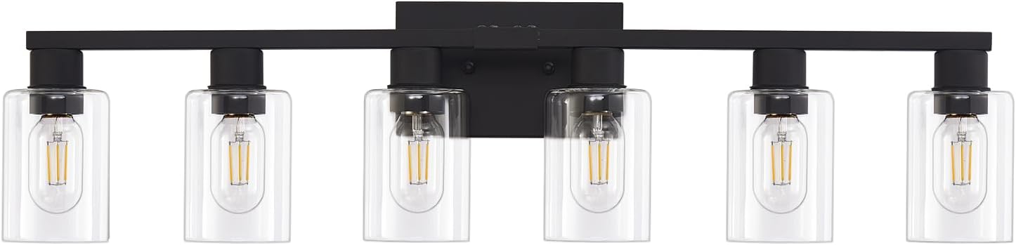 Black Bathroom Light Fixtures, 6-Light Bathroom Lighting Fixtures Over Mirror with Clear Glass Shade, 34in Farmhouse Vanity Lights, 6 Bulb Count Large Vanity Light Fixture for Bath, Mirror,Wall Sconce