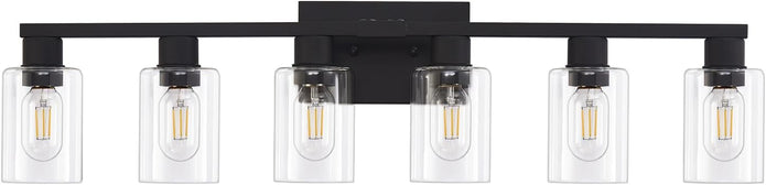 Black Bathroom Light Fixtures, 6-Light Bathroom Lighting Fixtures Over Mirror with Clear Glass Shade, 34in Farmhouse Vanity Lights, 6 Bulb Count Large Vanity Light Fixture for Bath, Mirror,Wall Sconce