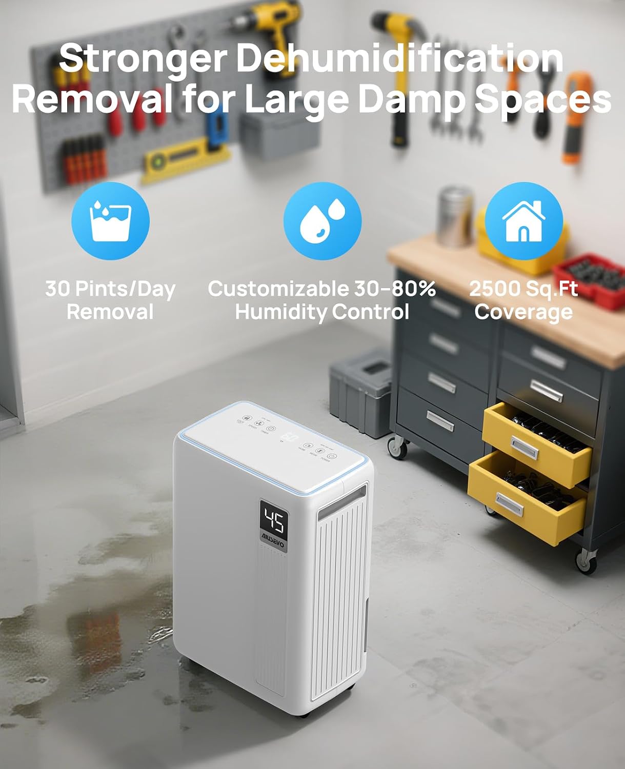 30 Pint Dehumidifier, 2500 Sq. ft Dehumidifier for Basement with Drain Hose | Dehumidifiers for Home, RV, Bathroom, Bedroom, Garage, Intelligent Humidity Control