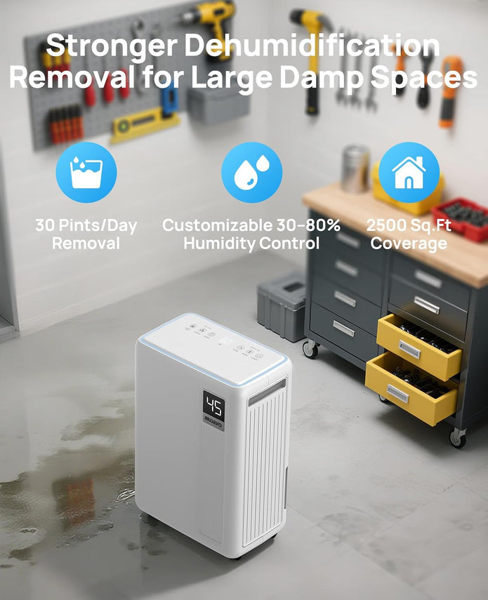 30 Pint Dehumidifier, 2500 Sq. ft Dehumidifier for Basement with Drain Hose | Dehumidifiers for Home, RV, Bathroom, Bedroom, Garage, Intelligent Humidity Control