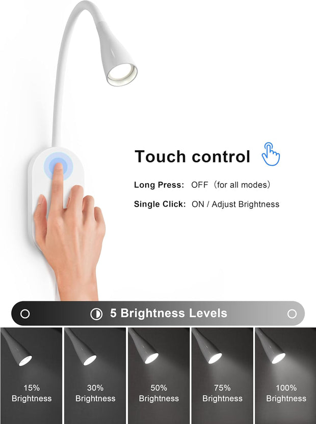 deeloop LED Wall Mount Reading Lamp, CRI 95+ Wall Sconce Light with 10W USB Output，4 Color 5 Dimming Touch Control Wall Lamps with 4 Hours Auto-Off Bed Lighting Spotlight