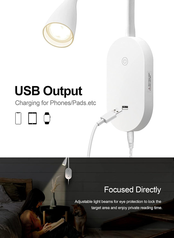 deeloop LED Wall Mount Reading Lamp, CRI 95+ Wall Sconce Light with 10W USB Output，4 Color 5 Dimming Touch Control Wall Lamps with 4 Hours Auto-Off Bed Lighting Spotlight
