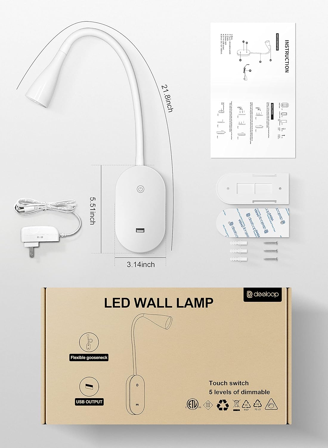 deeloop LED Wall Mount Reading Lamp, CRI 95+ Wall Sconce Light with 10W USB Output，4 Color 5 Dimming Touch Control Wall Lamps with 4 Hours Auto-Off Bed Lighting Spotlight